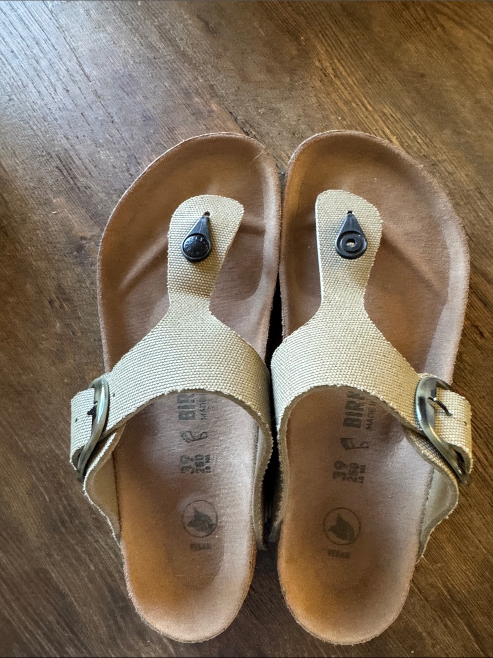 Birkenstock Beige/Tan Toe-Post Sandals with Buckle